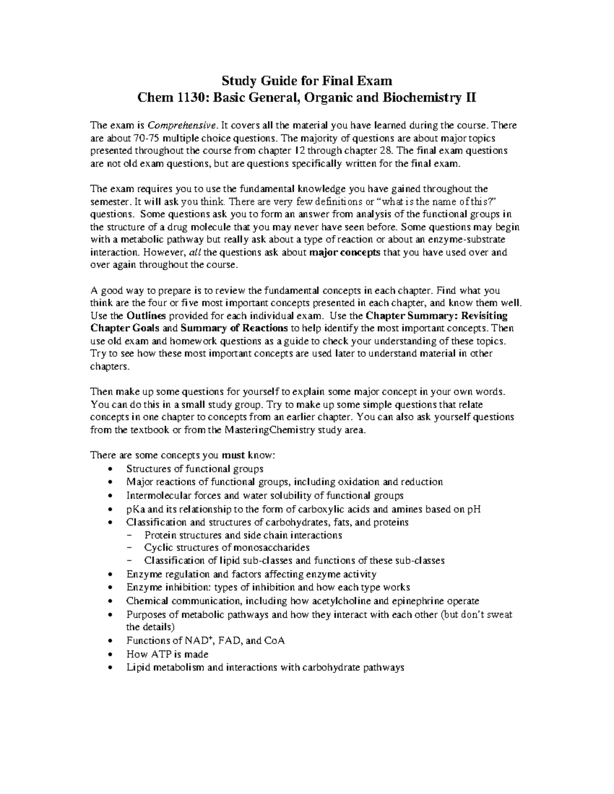 Chem 1130 Final Exam Study Guide - Comprehensive Overview 2020 - Studocu