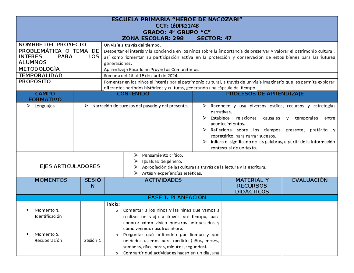 Planeación del Proyecto Educativo "Un Viaje a Través del Tiempo" 4° C ...
