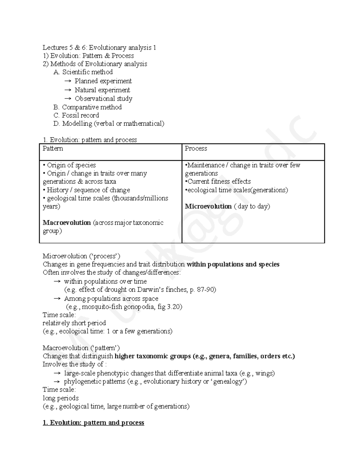BIOB51 Lecture Notes: Evolutionary Patterns and Processes Overview ...
