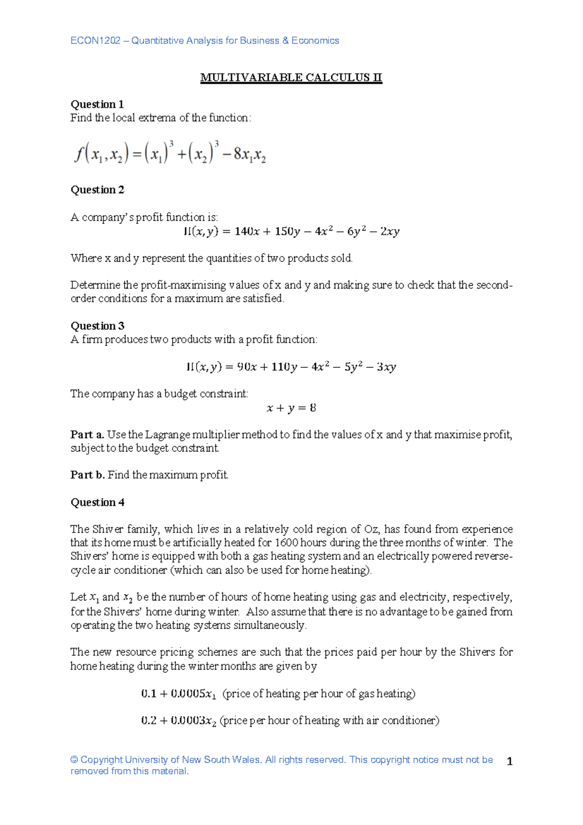 ECON1202 Multivariable Calculus II Practice Questions on Profit ...