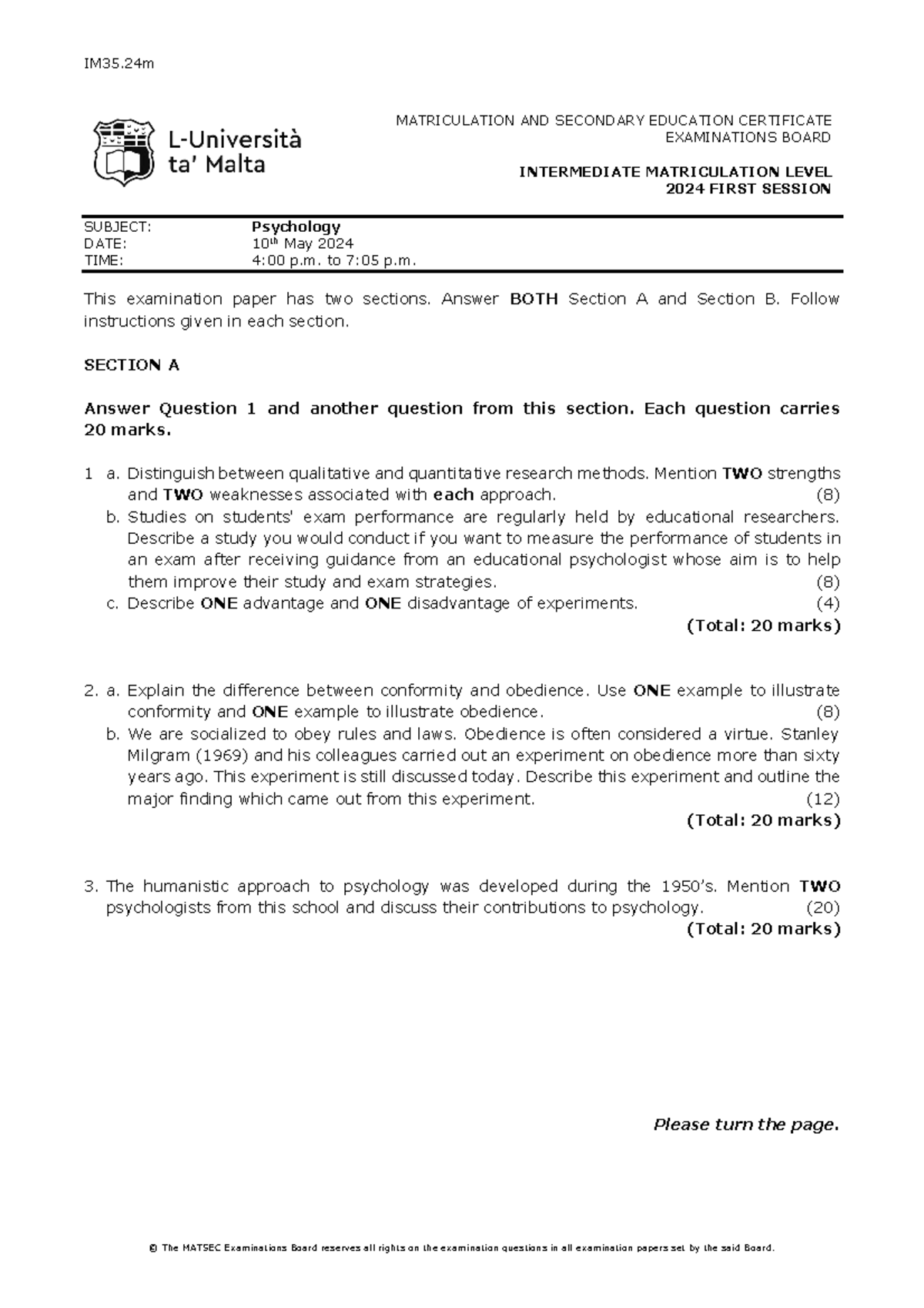 IM35.24m Psychology Intermediate Matriculation Exam Paper 2024 - Studocu