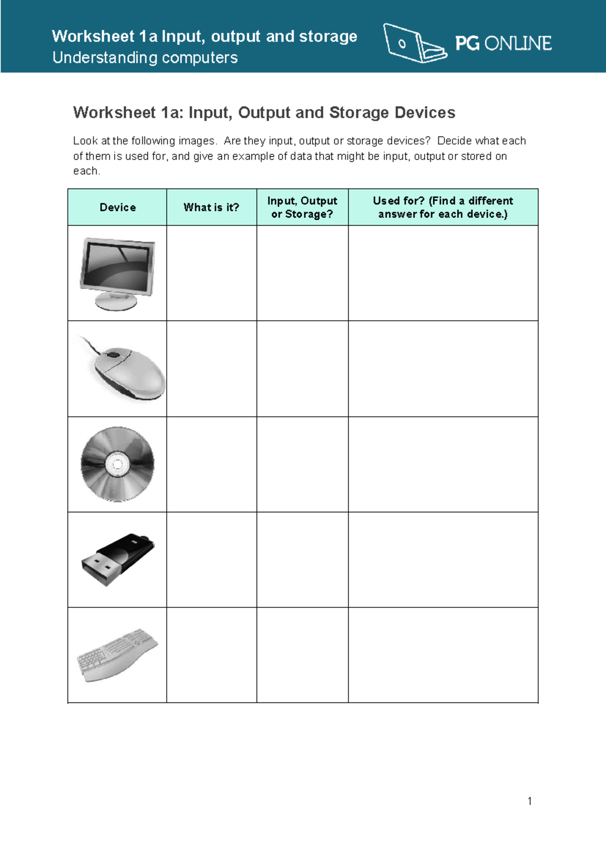 Worksheet 1a Input, Output and Storage Devices - Worksheet 1a Input ...