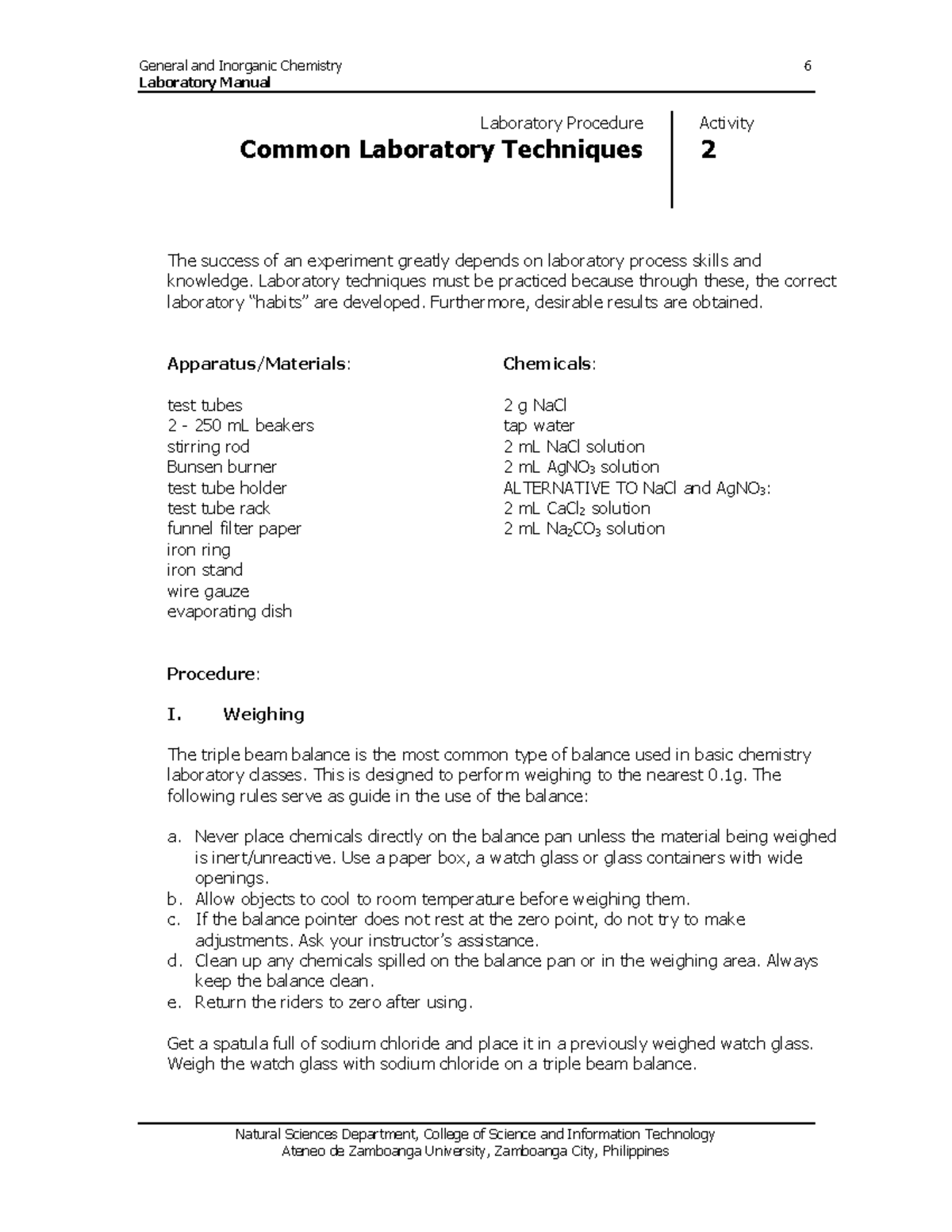 BL Inorg Chem Activity 2: Mastering Common Lab Techniques - Studocu