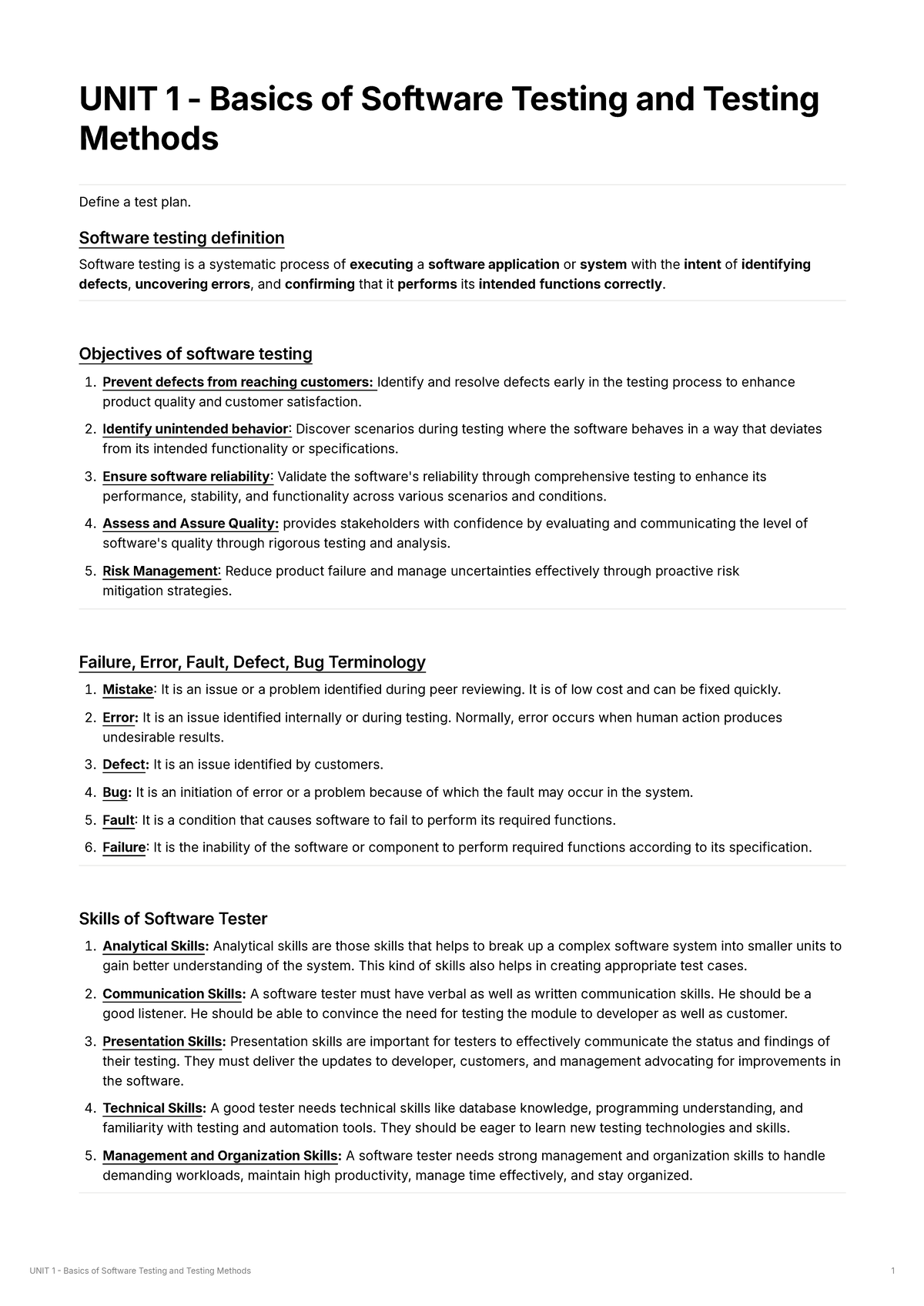 Unit 1 Software Testing Notes - Final Exam Review (SW101) - Studocu