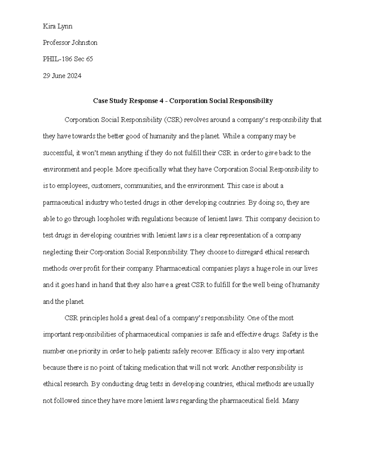 PHIL-186 Sec 65: Case Study Response 4 on Corporate Social ...