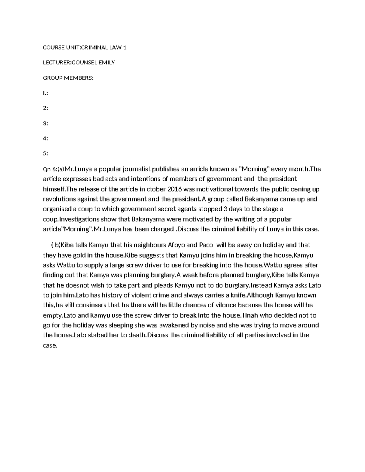 CRIMINAL LAW 1: Group Qn 6 Analysis of Liability in Burglary & Murder ...