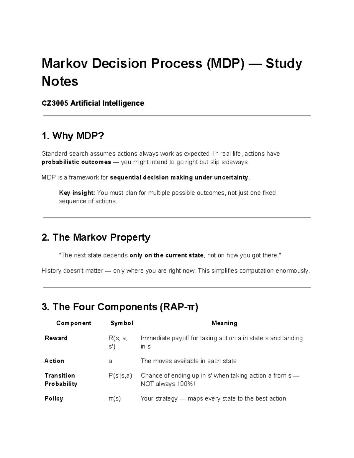 MDP Study Notes: Understanding Markov Decision Processes CZ3005 AI ...