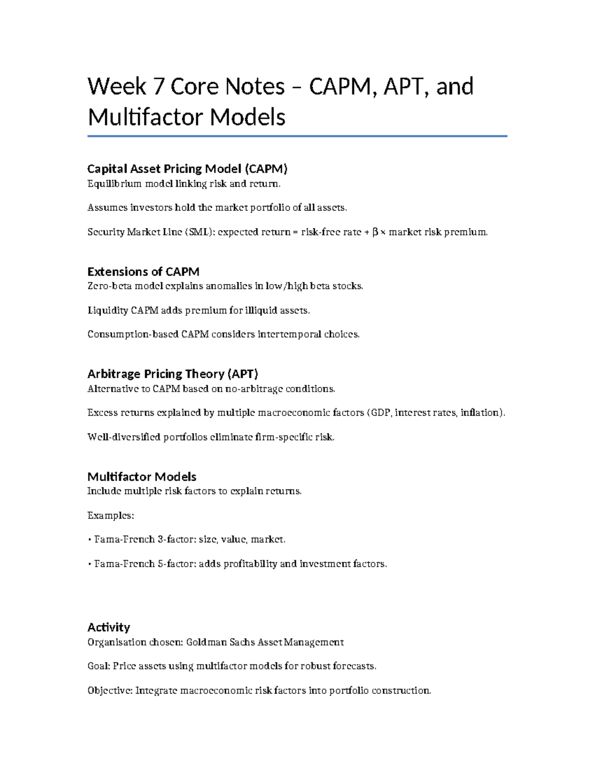 Week 7 Core Notes: CAPM, APT & Multifactor Models Overview - Studocu