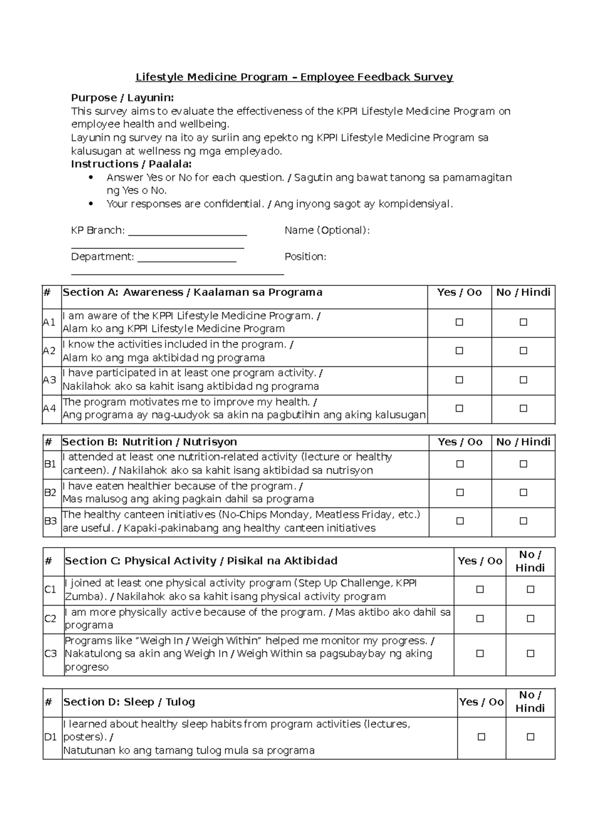 KPPI Lifestyle Medicine Program - Employee Feedback Survey - Studocu