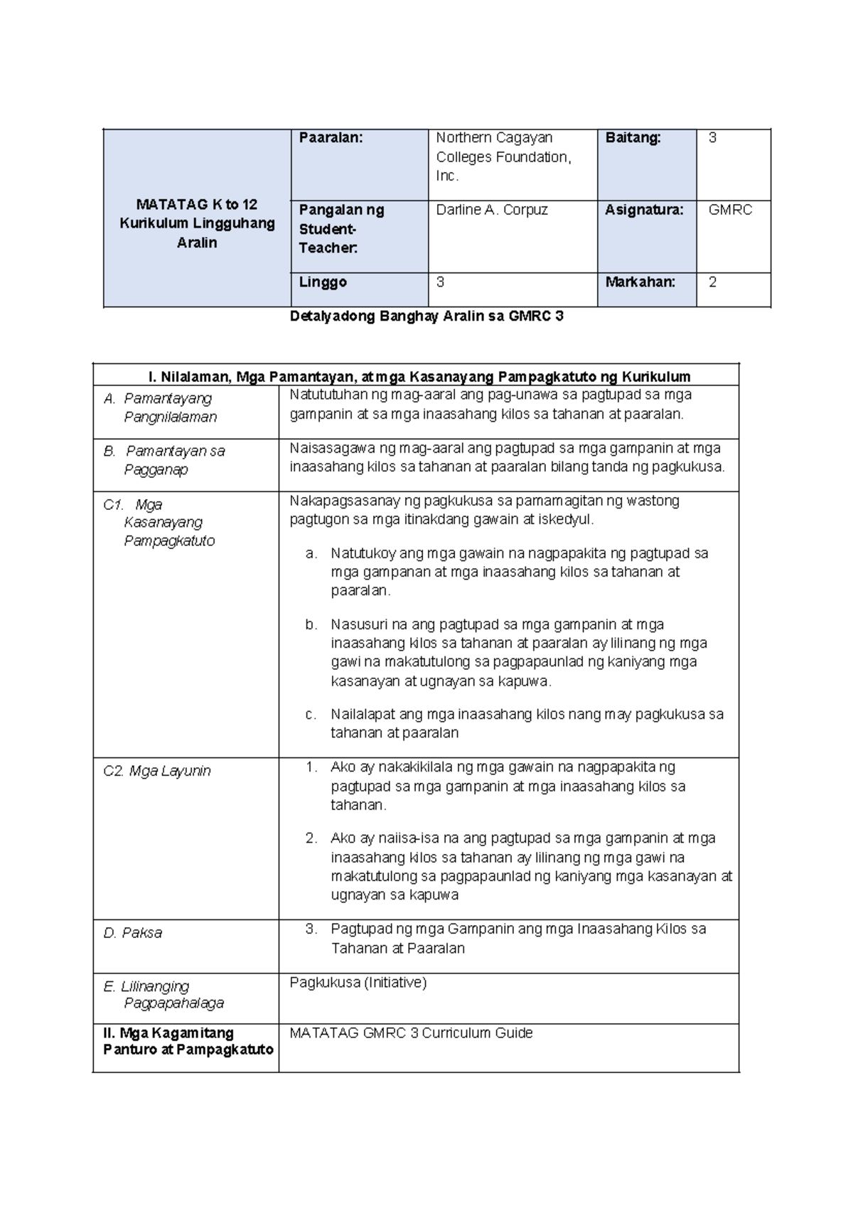 Revised MATATAG GMRC 3 Lesson Plan: Pagtupad ng Gampanin at Kilos - Studocu
