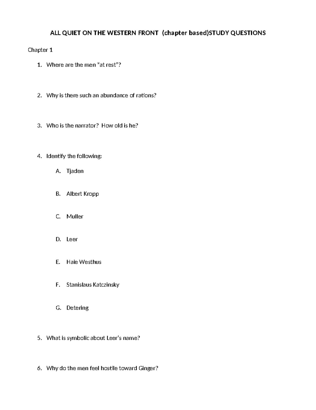 All Quiet on the Western Front (ENG 102) Chapter Study Questions - Studocu