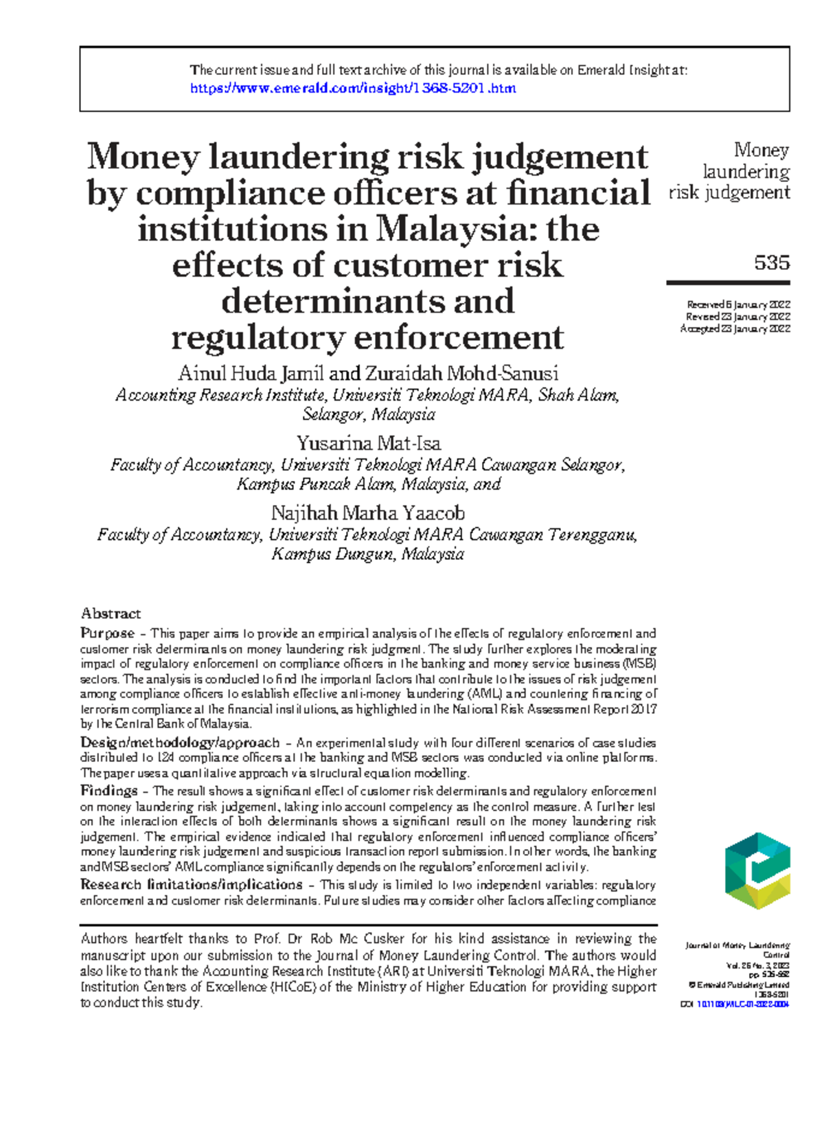 Money Laundering Risk Judgment: Effects of Customer Risk & Regulation ...