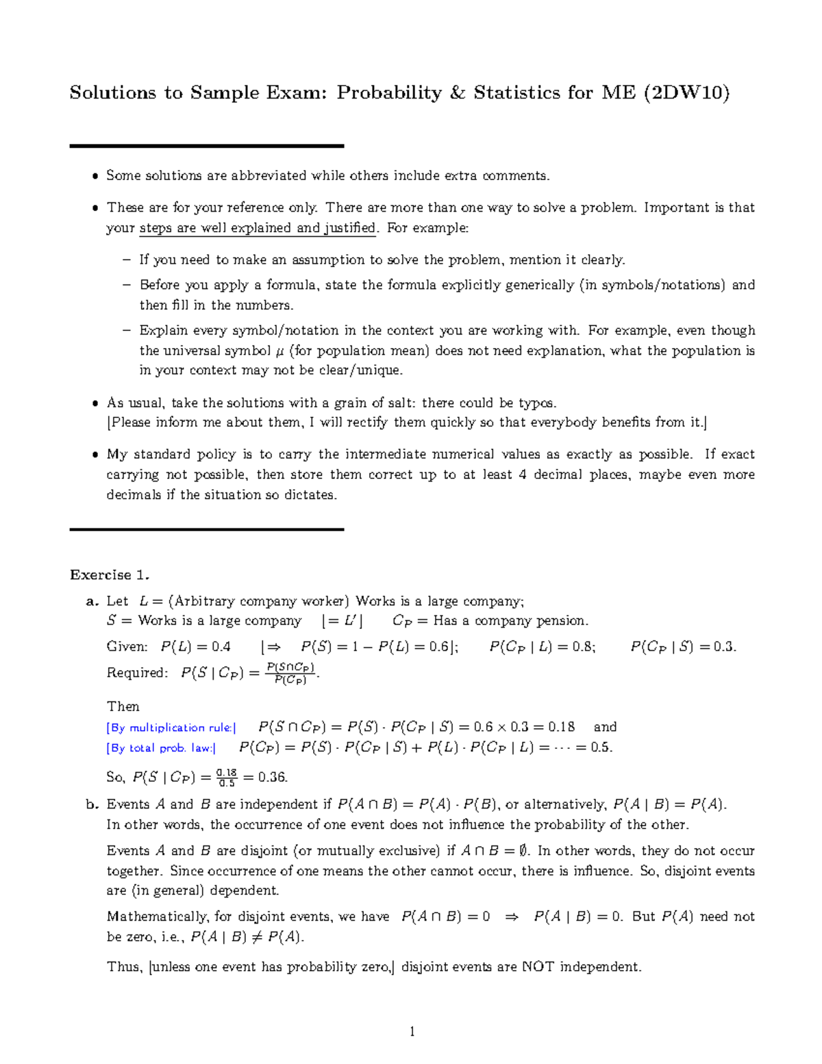 Final Solutions to Sample Exam: Probability Statistics for ME (2DW10 ...