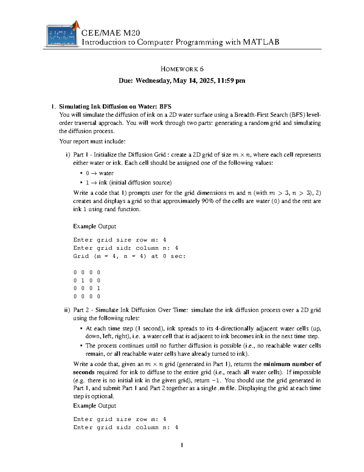 M20 Homework 6: Ink Diffusion Simulation in MATLAB - Studocu