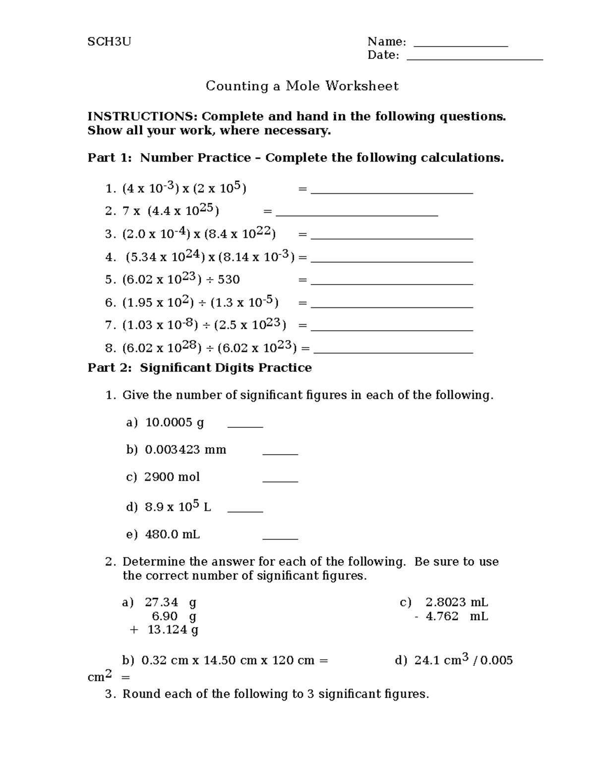 SCH3U Unit 3 - Activity 3: Counting a Mole Worksheet - Studocu