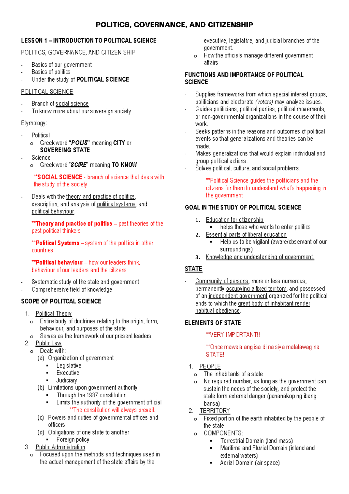 Polgov Lesson 1: Overview of Political Science and Governance - Studocu