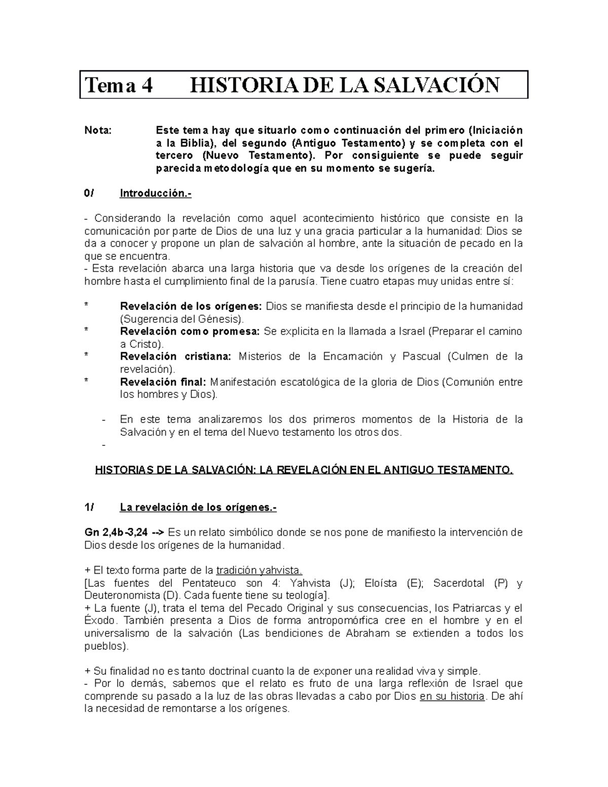 Tema 4: Historia de la Salvación y Revelación en el AT - Studocu
