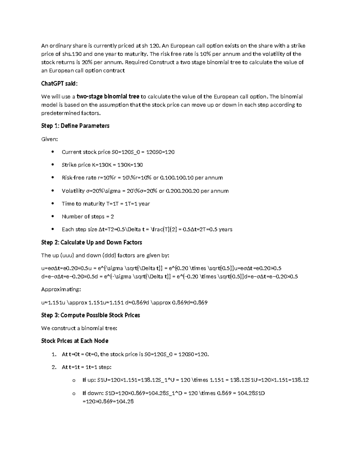 D1 - European Call Option Valuation Using Binomial Tree Method - Studocu