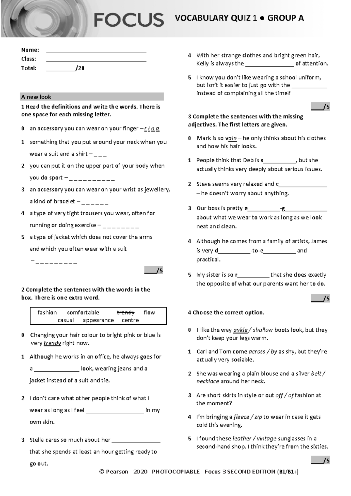 Focus 3 2E Vocabulary Quiz Unit 1 Group A - Answers and Key - Studocu