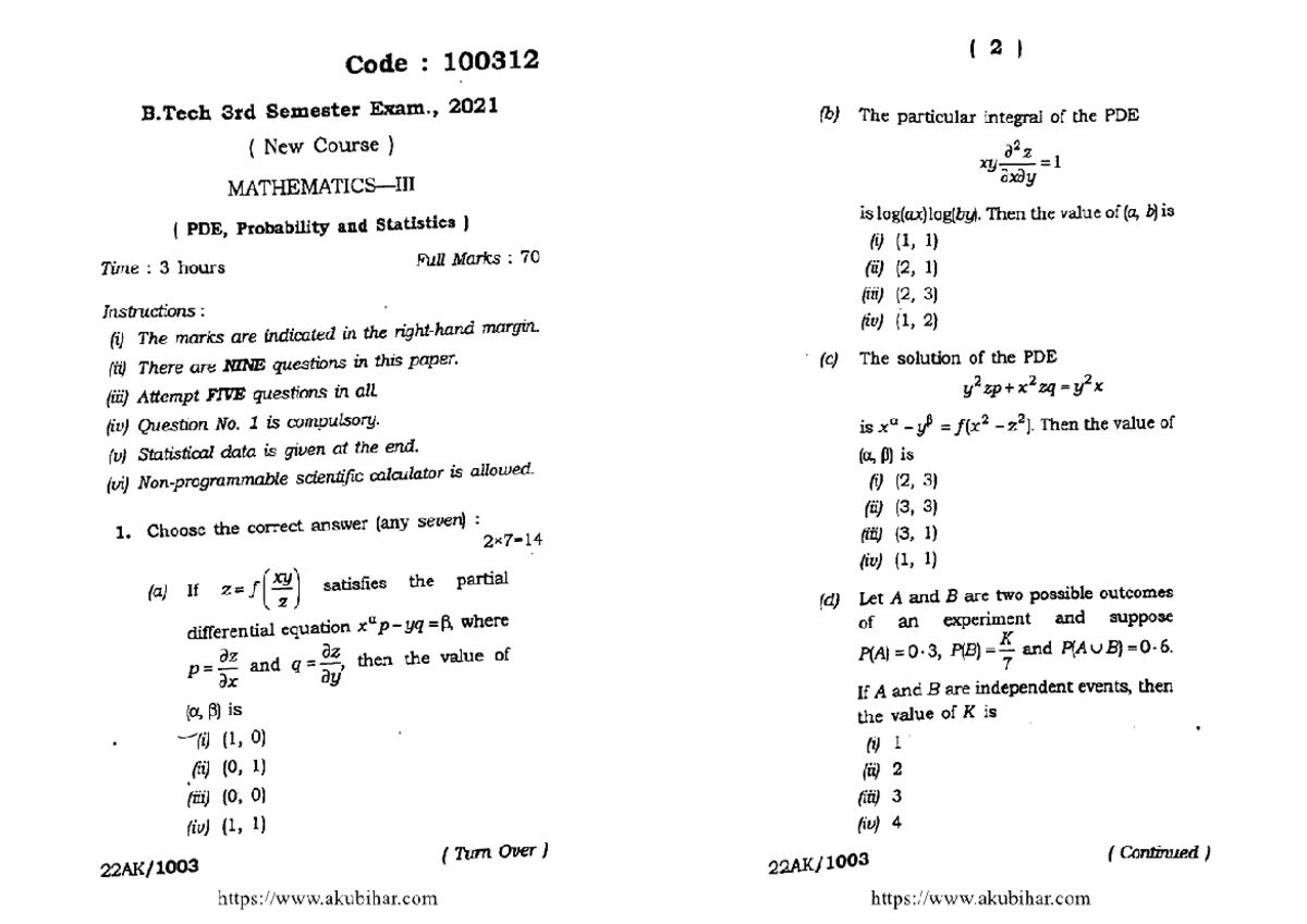 B.Tech 3rd Sem Mathematics Exam 2021: PDE & Probability (Code: 100312 ...