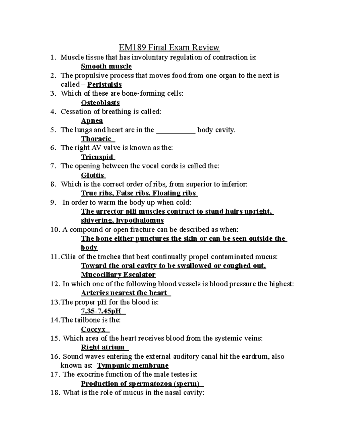 Anatomy & Physiology EM189 Final Exam Review Answers - Studocu