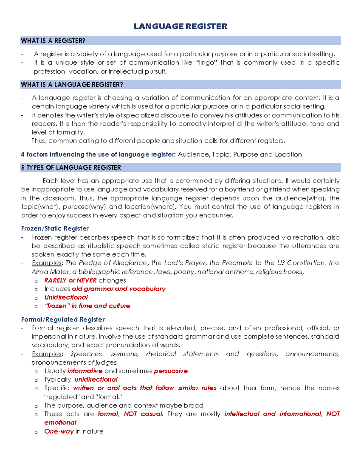 LANGUAGE REGISTER: Understanding Varieties for Contextual Use - Studocu