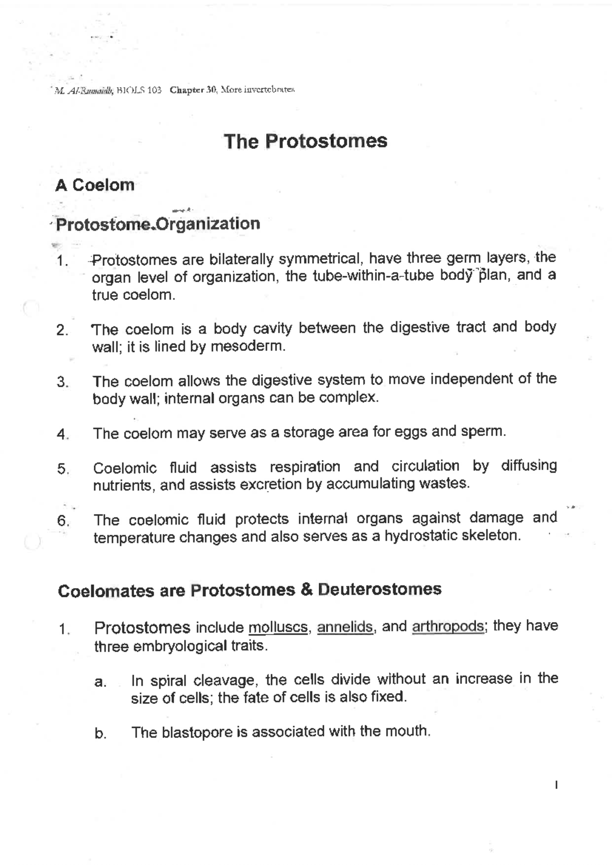 M. BIOLS 103 Chapter 30: Summary of Protostomes and Coelomates - Studocu