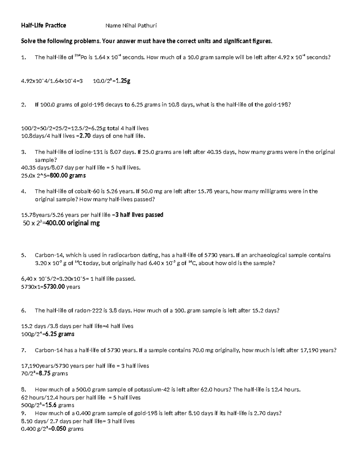 Half-Life Practice Problems for PHYS 101: Units & Significant Figures ...