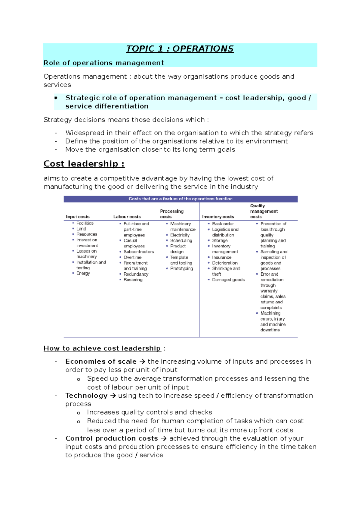 Topic 1: Operations Management HSC Notes - Strategies & Practices - Studocu