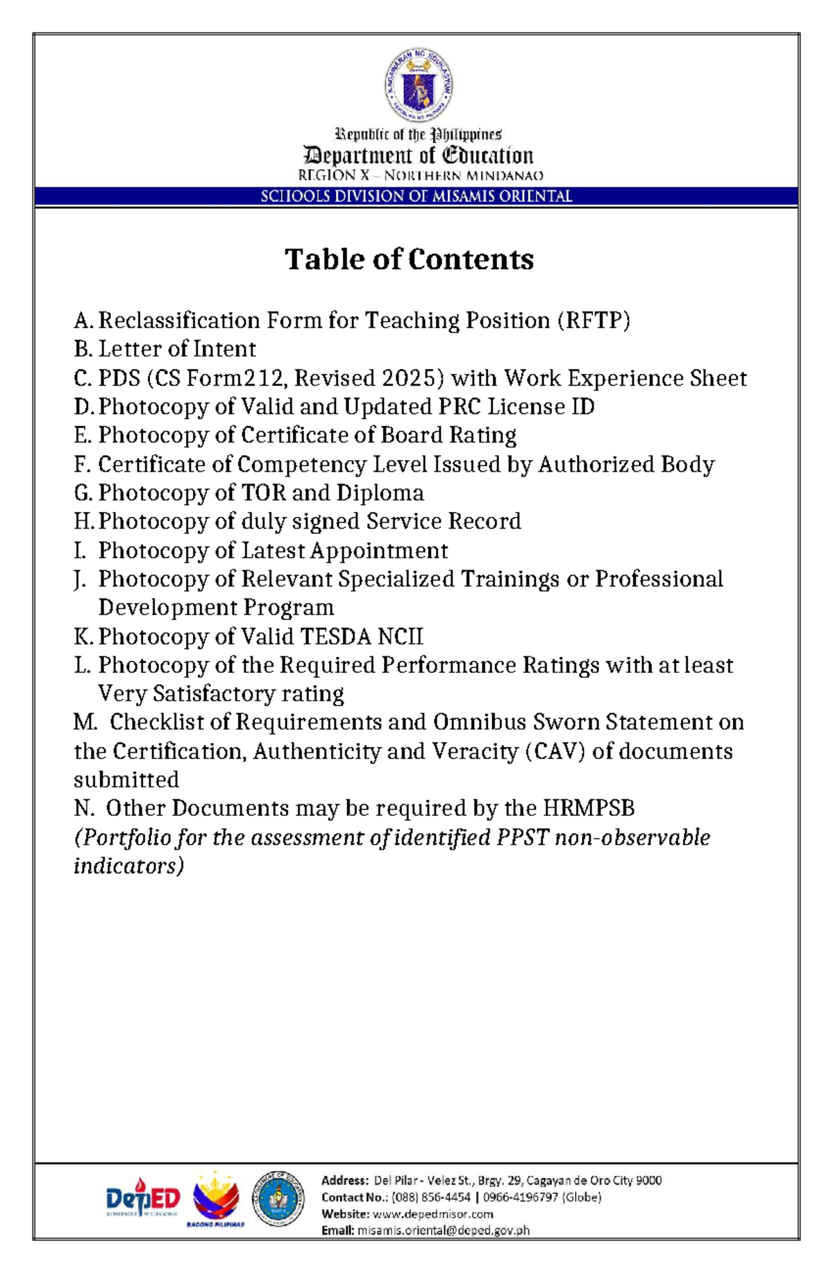 Reclassification Requirements Table of Contents for HRMPSB Assessment ...
