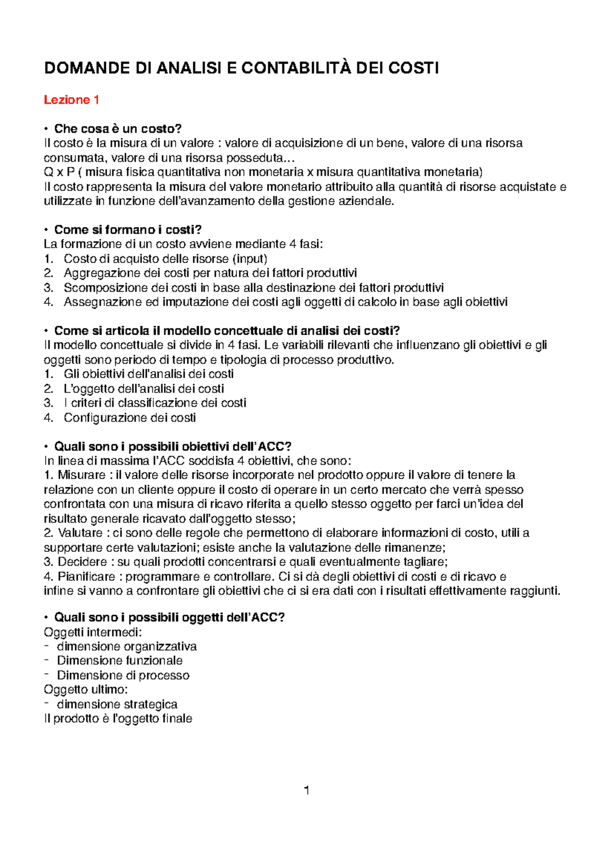 Domande di Analisi e Contabilità dei Costi - Lezione 1-4 - Studocu