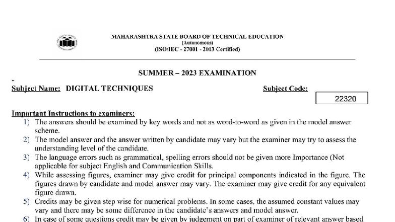 DTE 313303 Summer 2023 Digital Techniques Exam Guidelines and Key ...