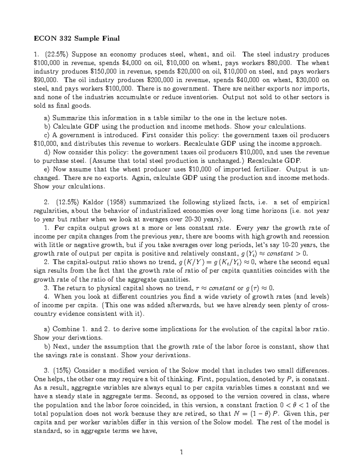 Econ 332 sample final exam on GDP calculations and economic models ...