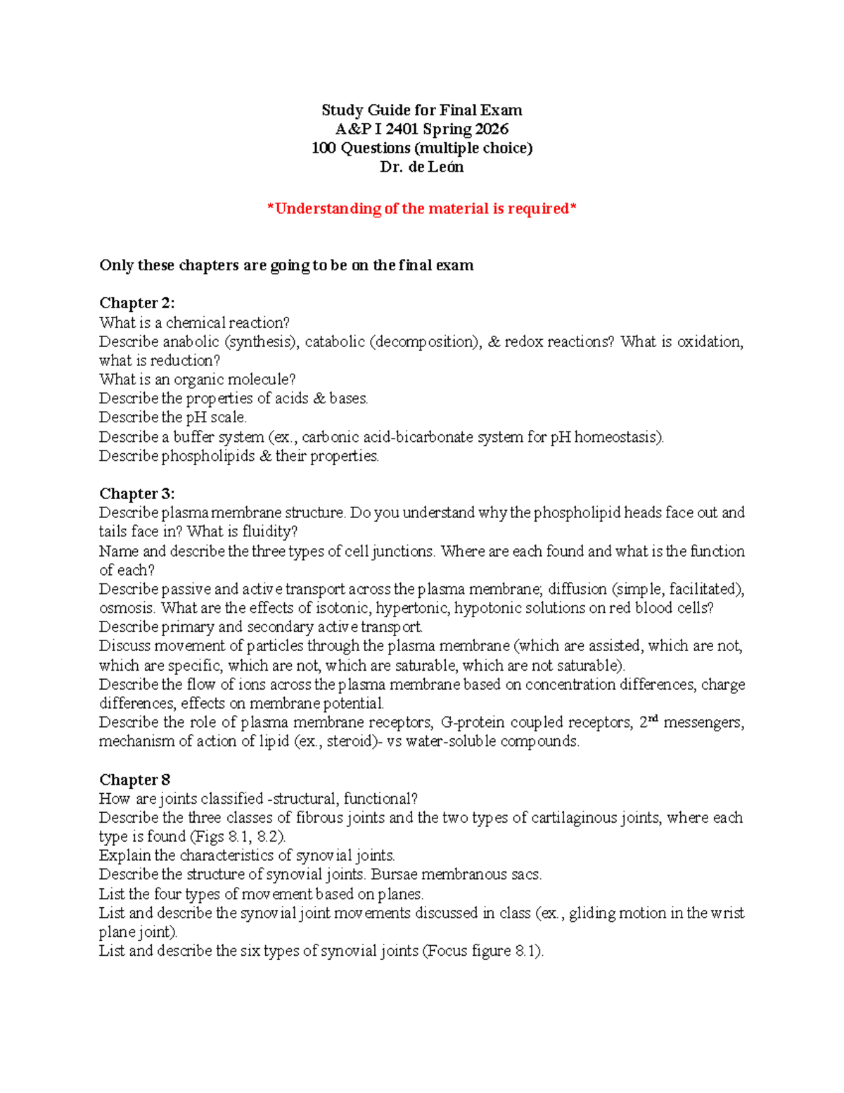 Study Guide for Final Exam A&P I 2401 Spring 2026 - Studocu