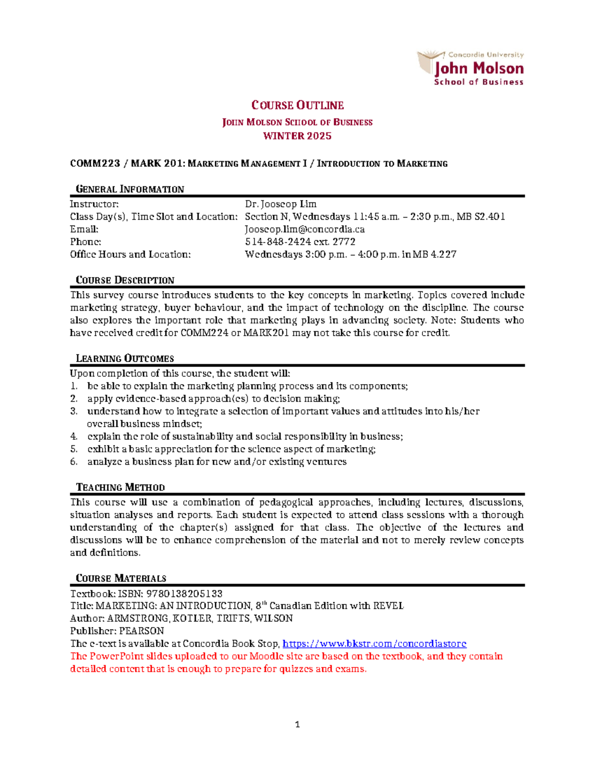 Course Outline COMM223 / MARK201 Winter 2025 with Dr. J. Lim - Studocu