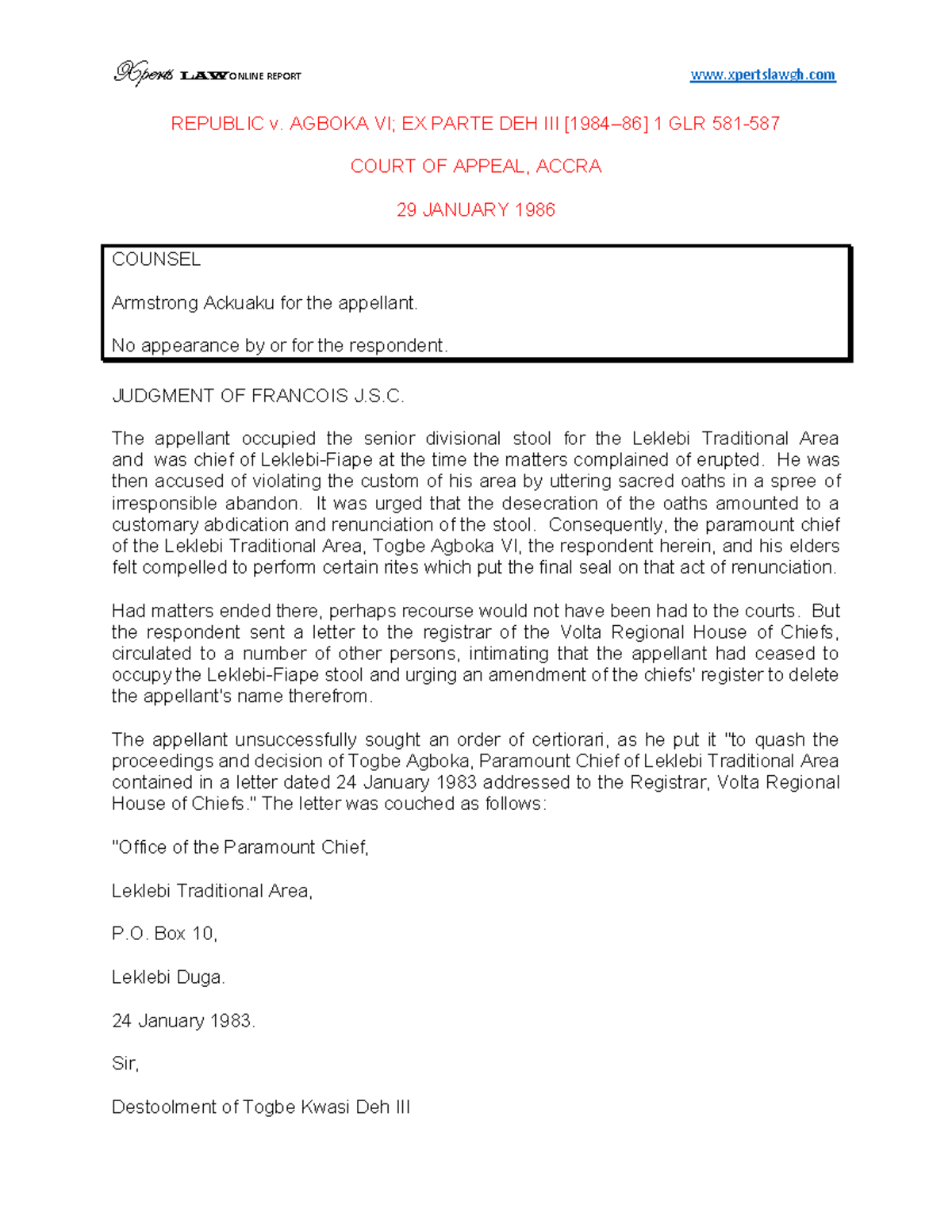Republic v. Agboka VI; Ex Parte Deh III - Court of Appeal Judgment ...