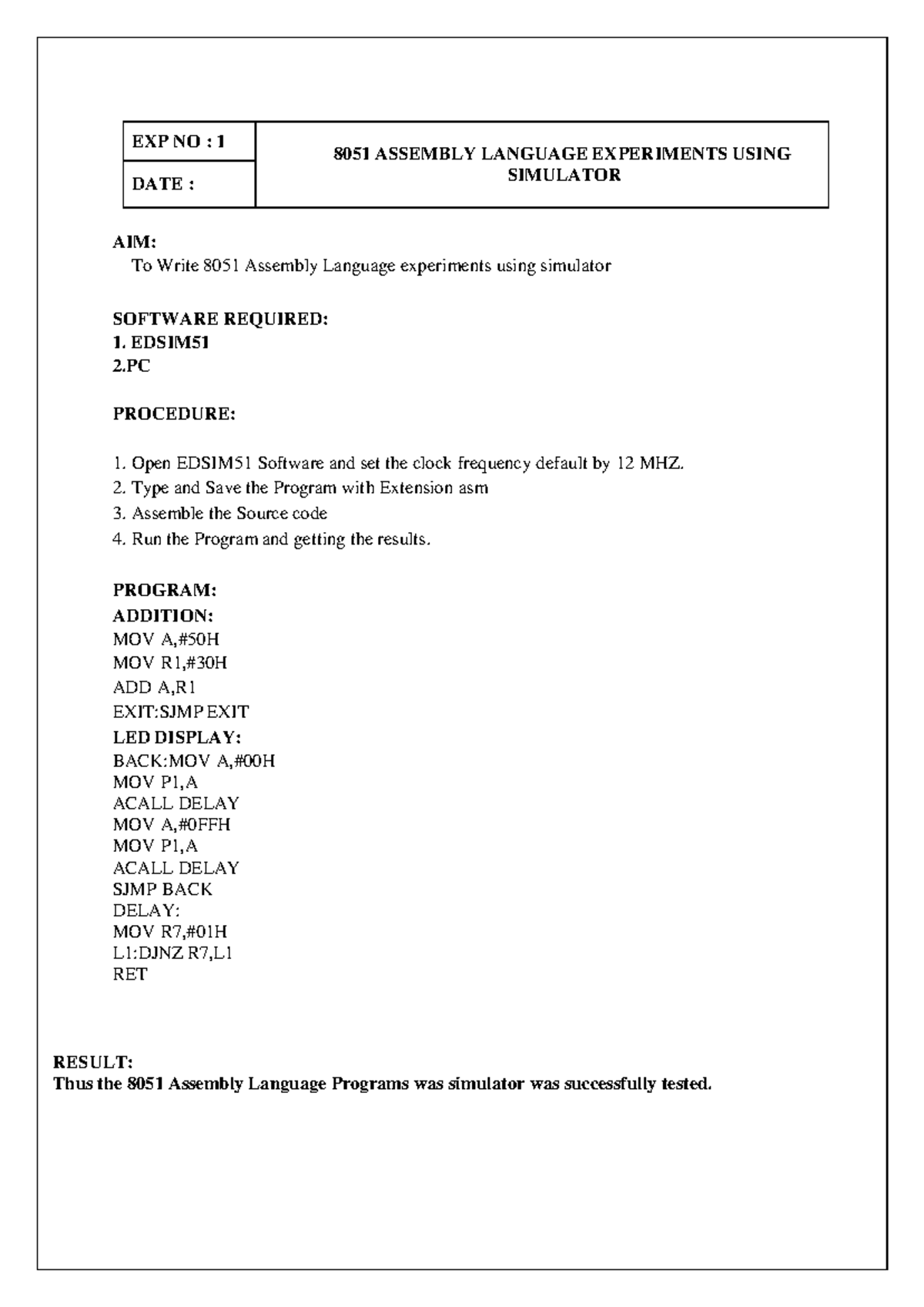 CS3691-ES&IOT: 8051 Assembly Language Experiments Manual - Studocu