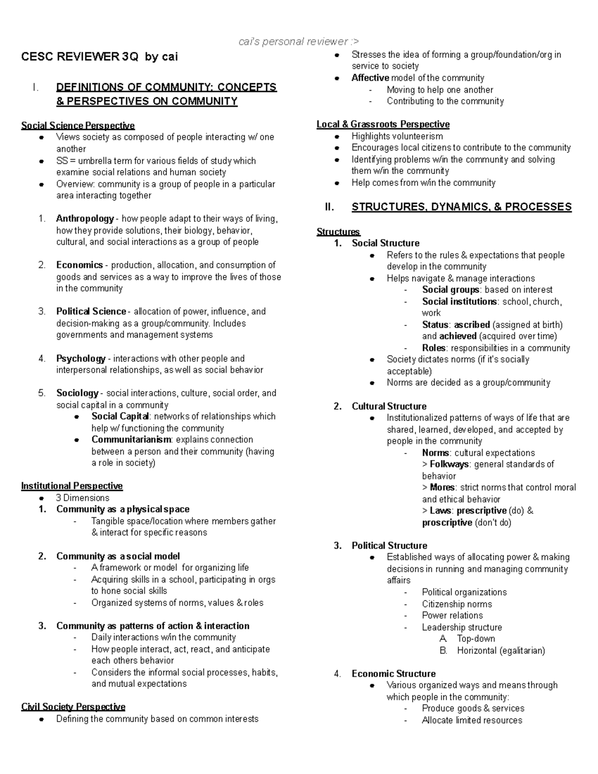 CESC 3Q Reviewer: Definitions and Perspectives on Community - Studocu