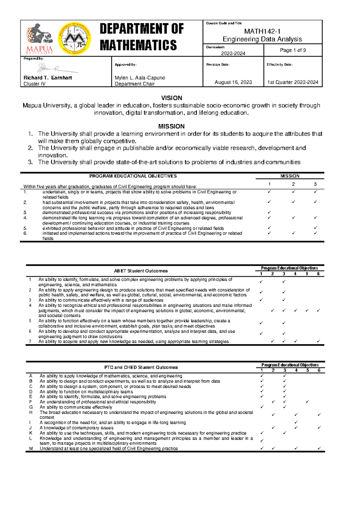 MATH142-2 AY 2023-2024 Q1 Syllabus - DEPARTMENT OF MATHEMATICS MATH142 ...