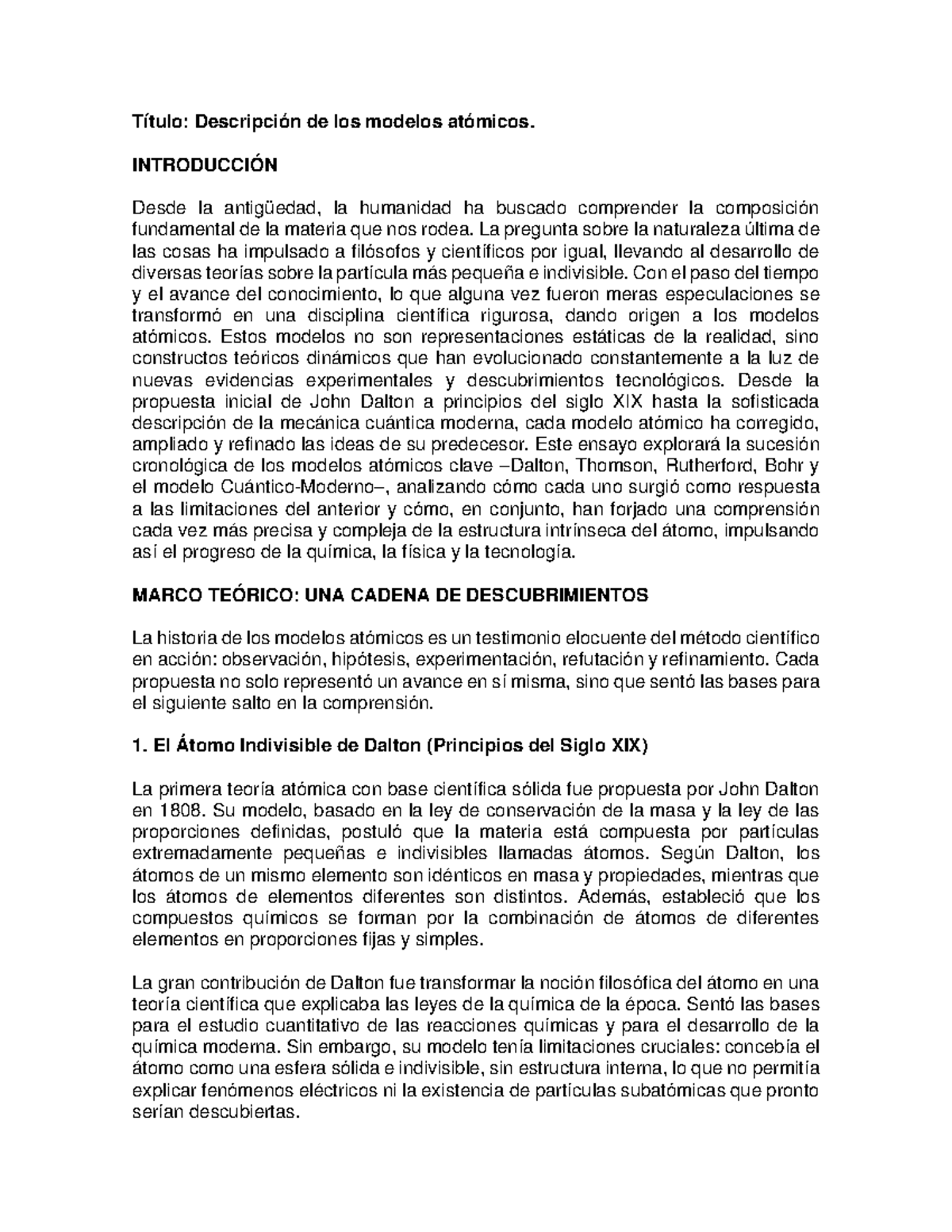 Ensayo sobre Modelos Atómicos: Evolución y Comprensión (Química 101 ...