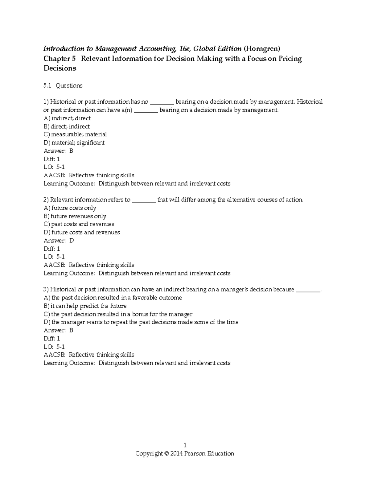 Management Accounting 16e: Chapter 5 Test Bank on Relevant Info for ...