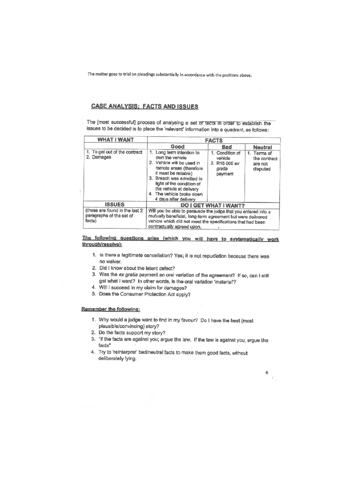 Completed Case Analysis Quadrant - The matter goes to trial on ...