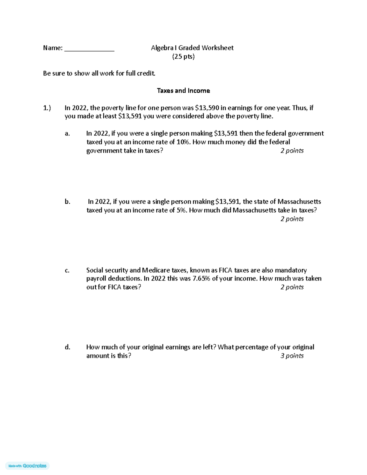 Algebra I Graded Worksheet: Taxes and Income Analysis (25 pts) - Studocu