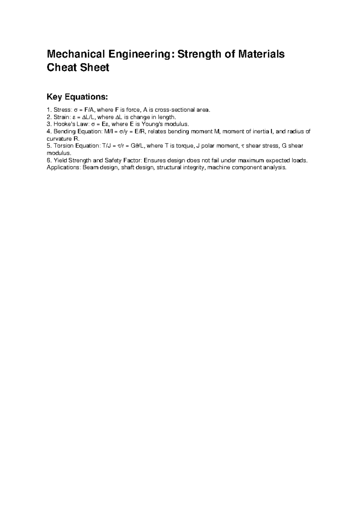 Strength of Materials Cheat Sheet - Mechanical Engineering: Strength of ...