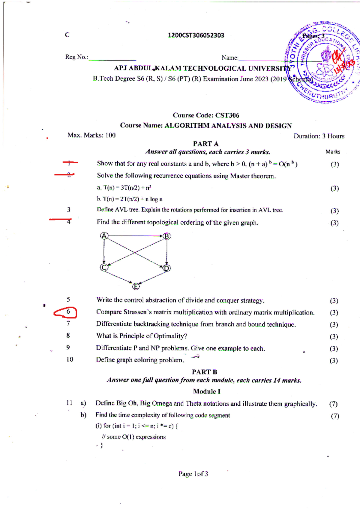 CST306 Algorithm Analysis AND Design, JUNE 2023 - C Reg No ...