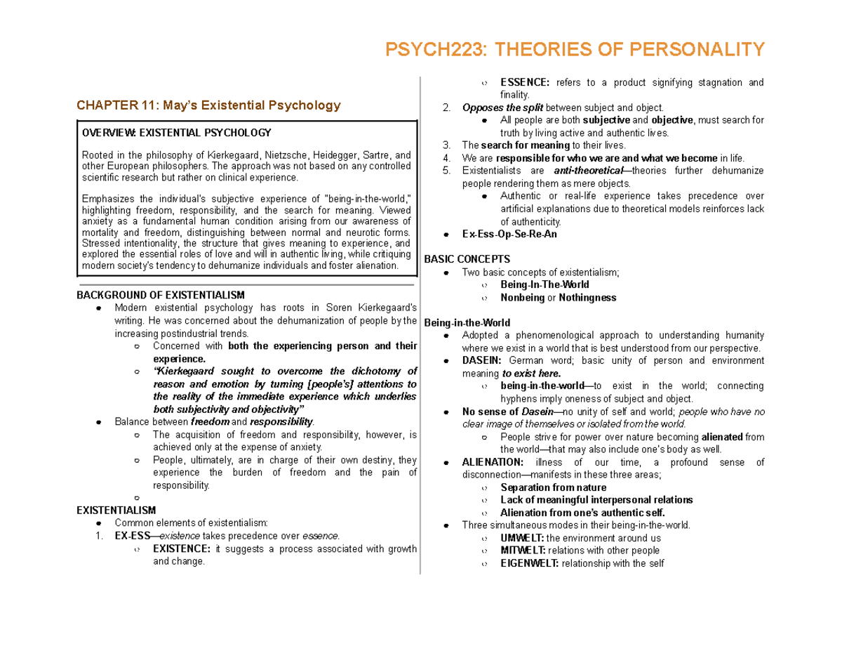 PSYCH223: THEORIES OF PERSONALITY CHAPTER 11 - Overview of Existential ...