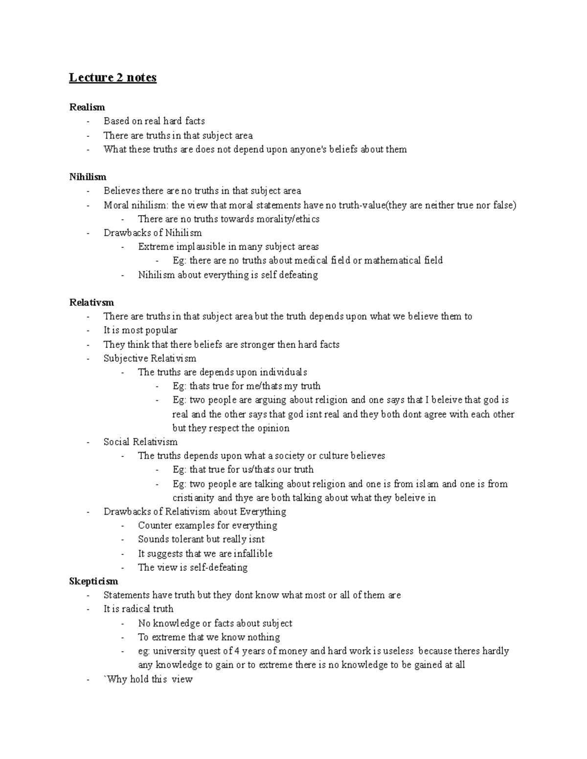 SSH105- Critical Thinking - Lecture 2 notes Realism - Based on real ...