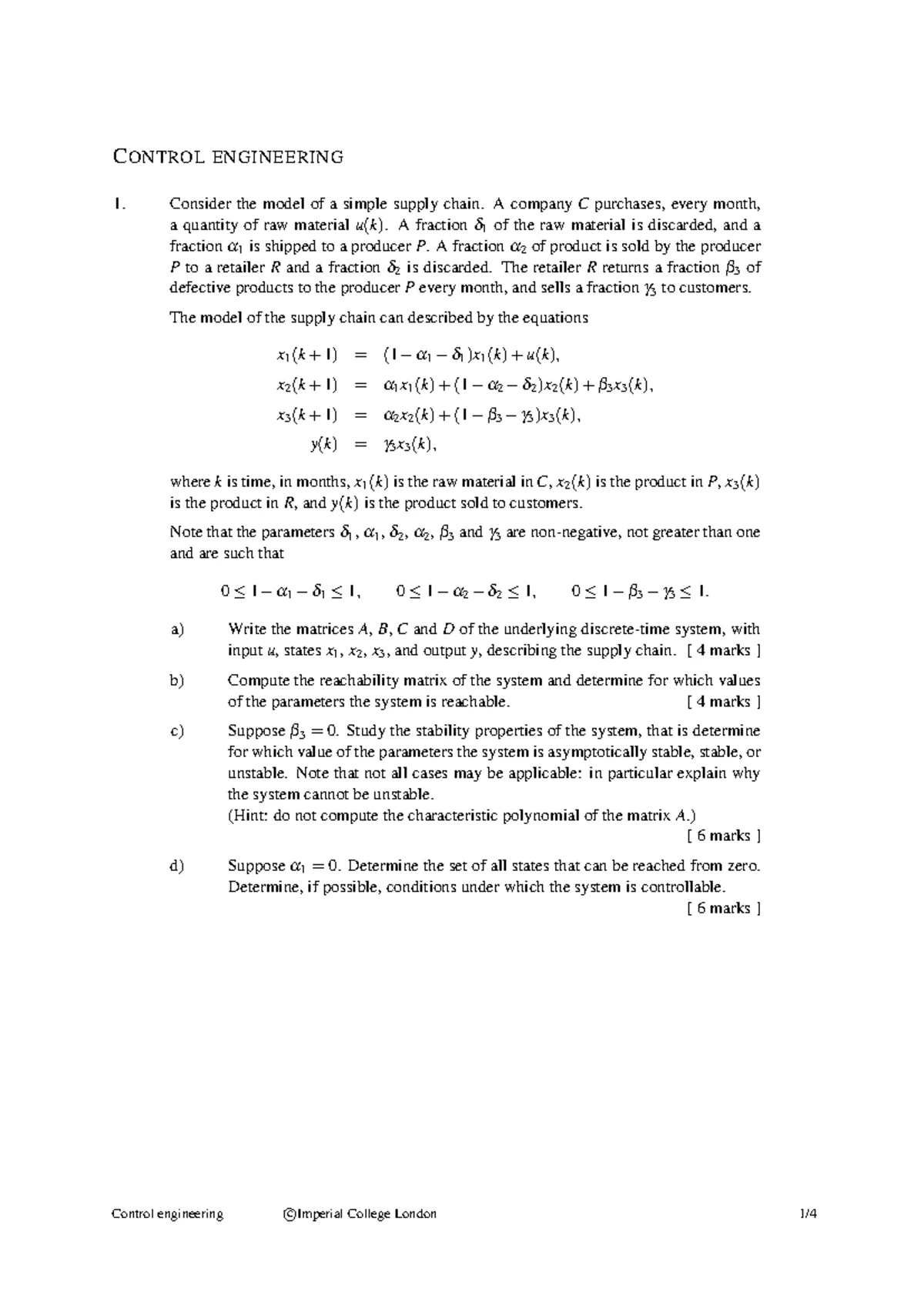 Control Engineering 1: Exam Paper - Imperial College London - Studocu