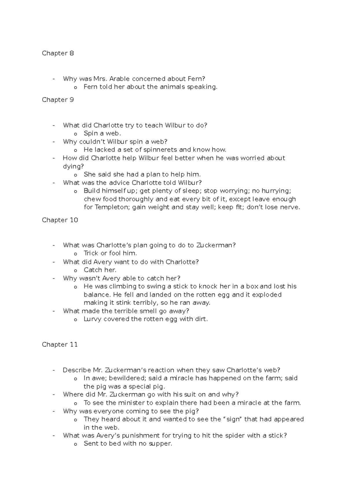 Charlotte's Web Study Guide: Chapters 8-11 Questions - Studocu