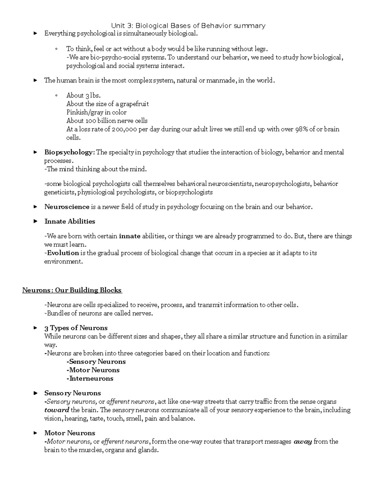Unit 3: Biological Bases of Behavior - Summary Notes - Studocu